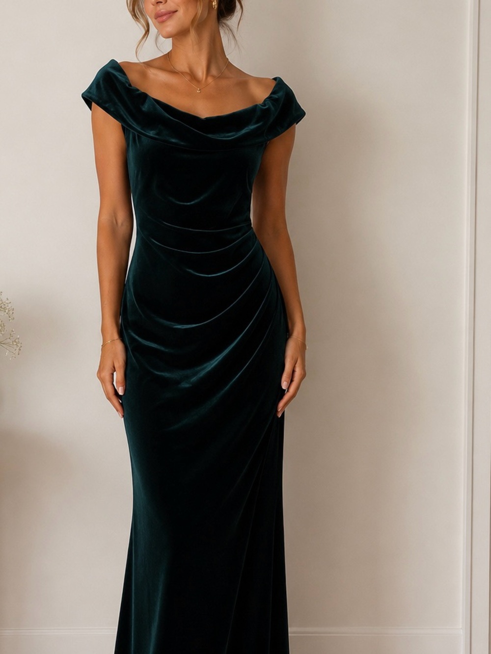 Xscape One-Shoulder Velvet Evening Gown in Deep Teal Green
